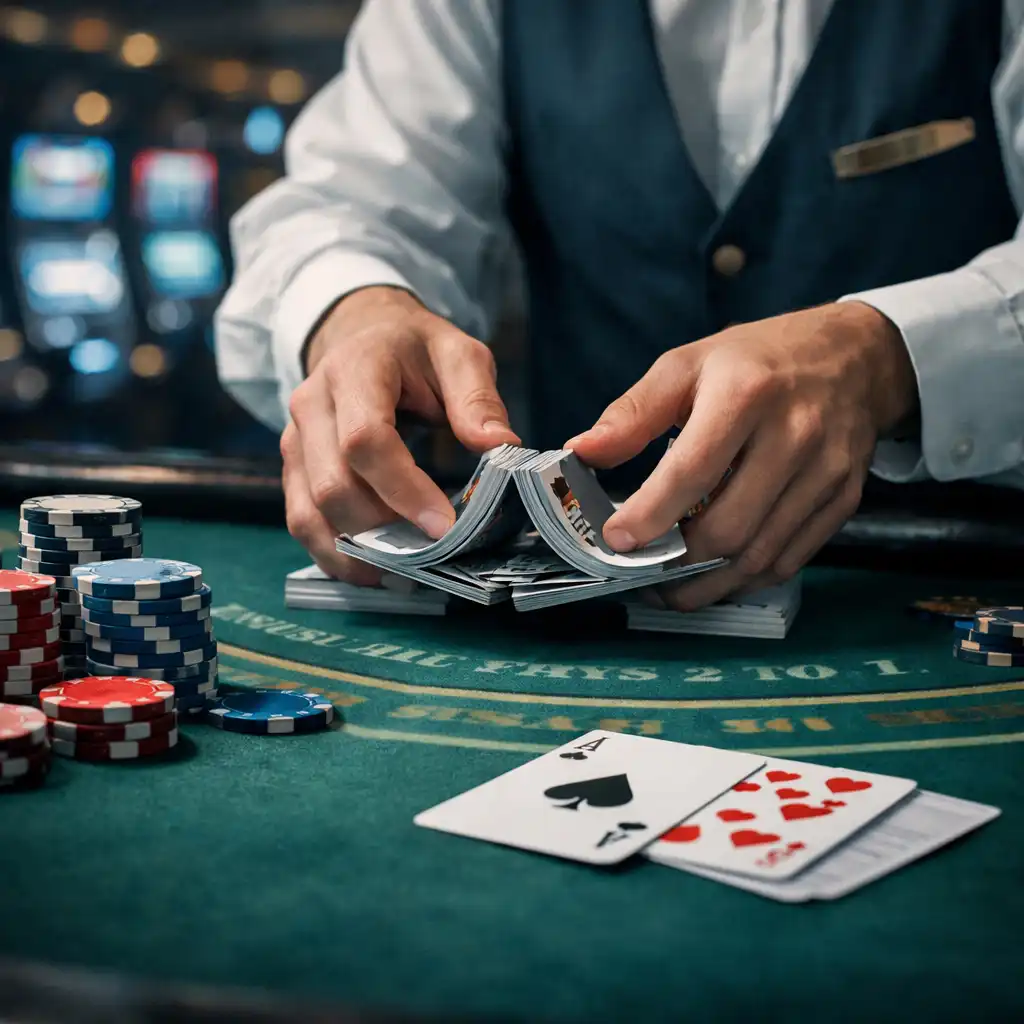 Close-up of a dealer shuffling cards on a green felt table in a cruise ship casino with blurred slot machines in the background