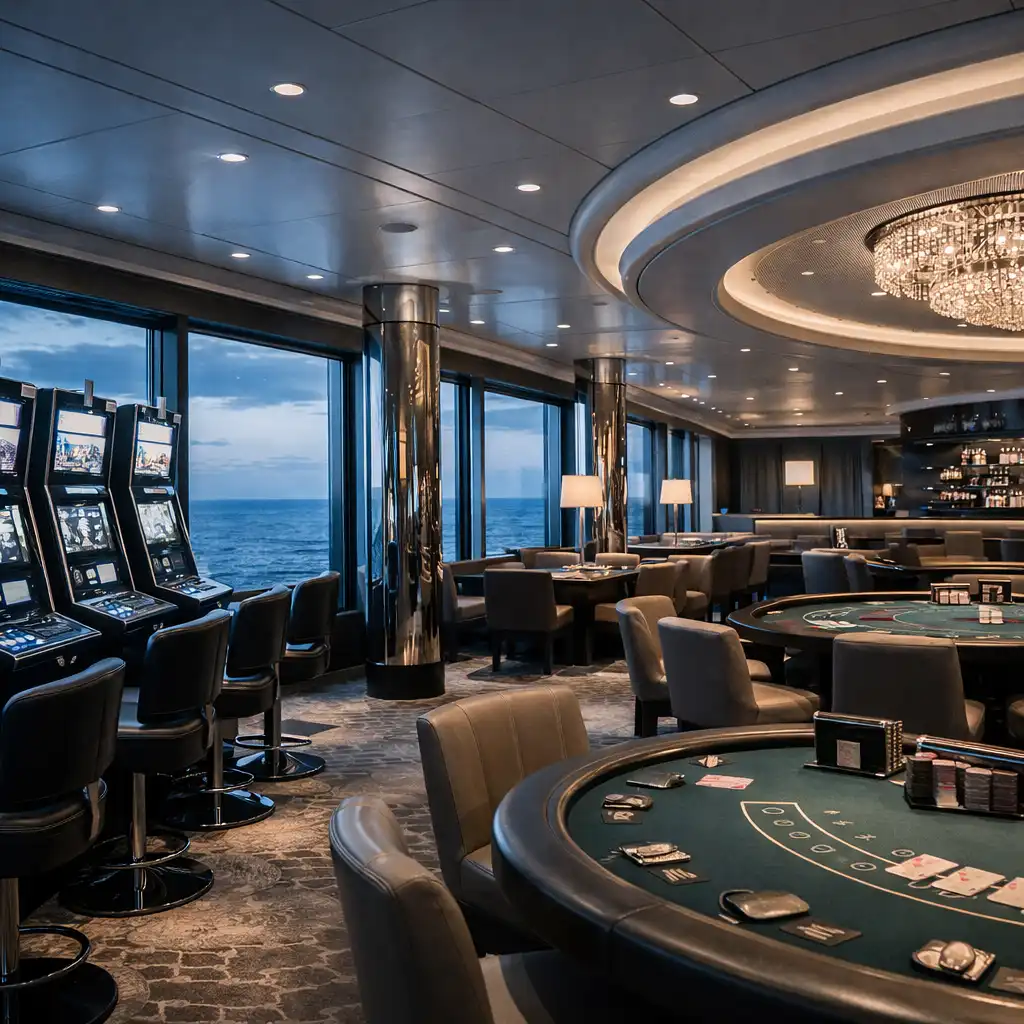 Sophisticated modern casino on Celebrity Edge with sleek slot machines, table games, and ocean views