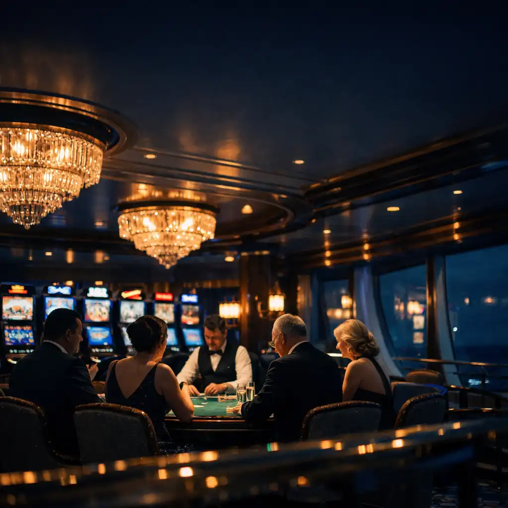 Elegant cruise ship casino at night with warm chandelier lighting and guests at a blackjack table