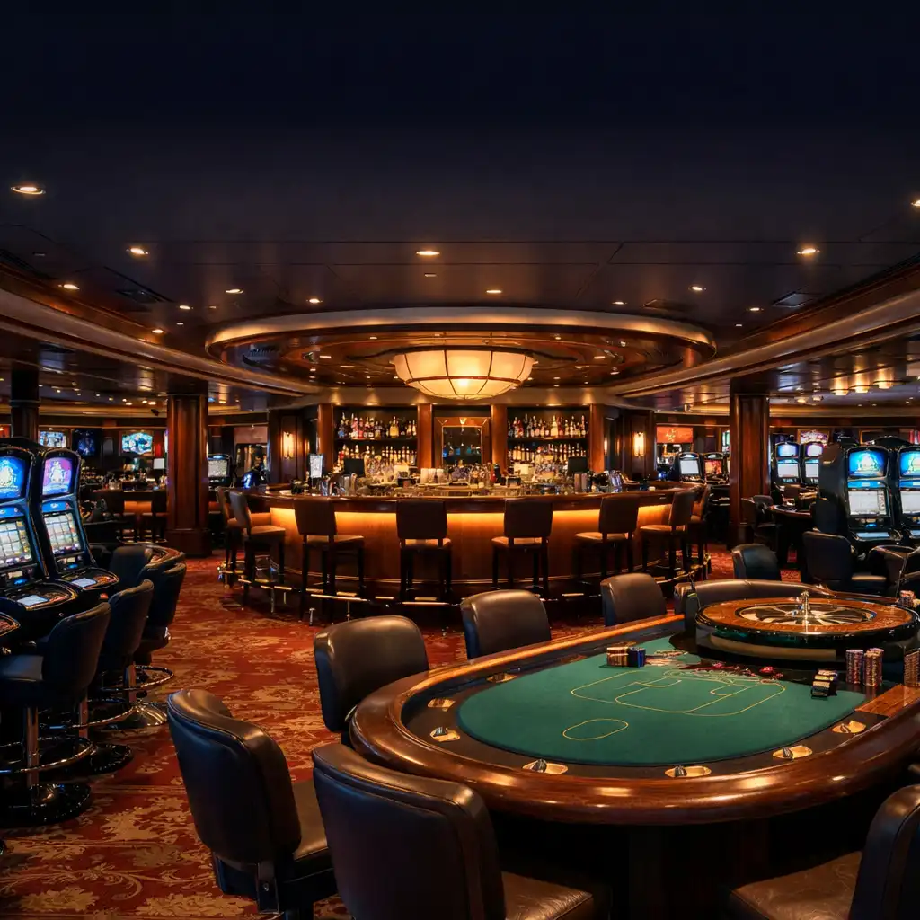Wide-angle view of a luxurious cruise ship casino at night with glowing slot machines and elegant table games