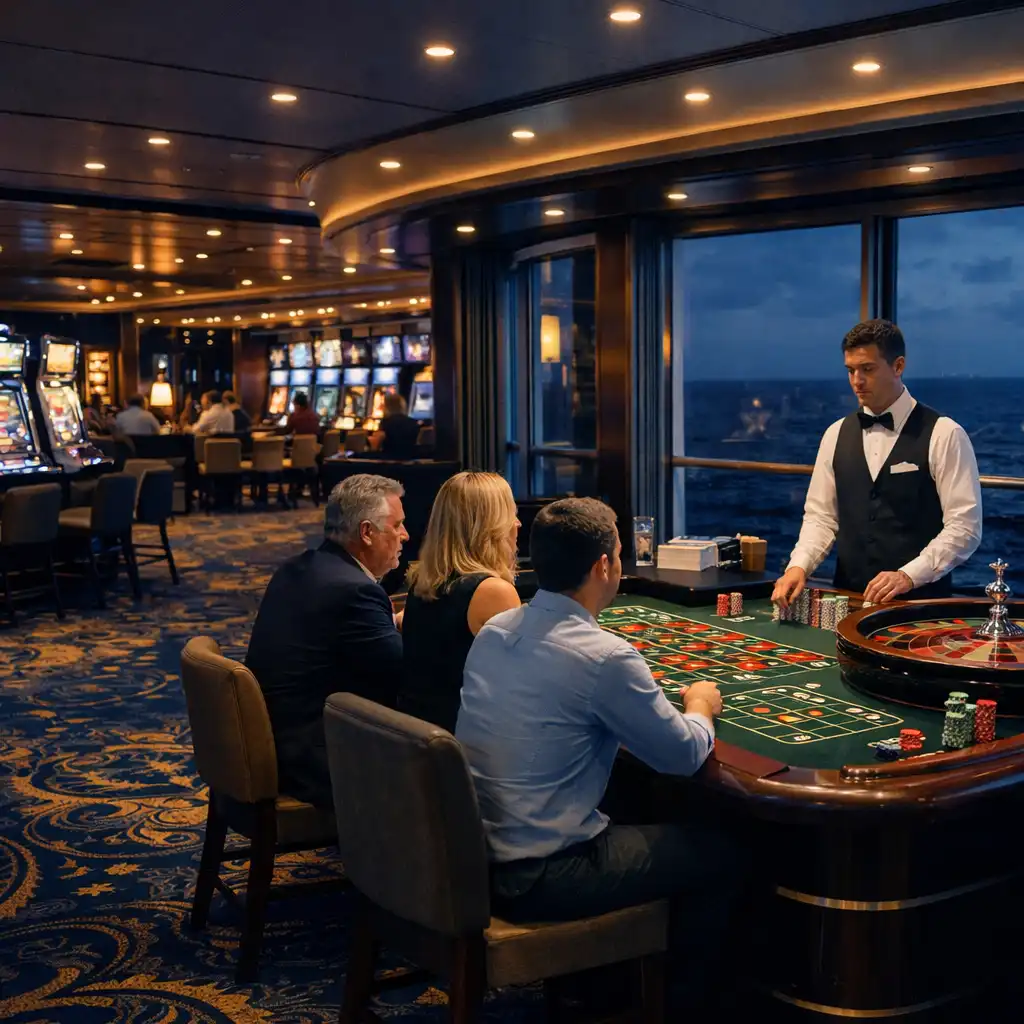 Warmly lit cruise ship casino interior with slot machines and a roulette table