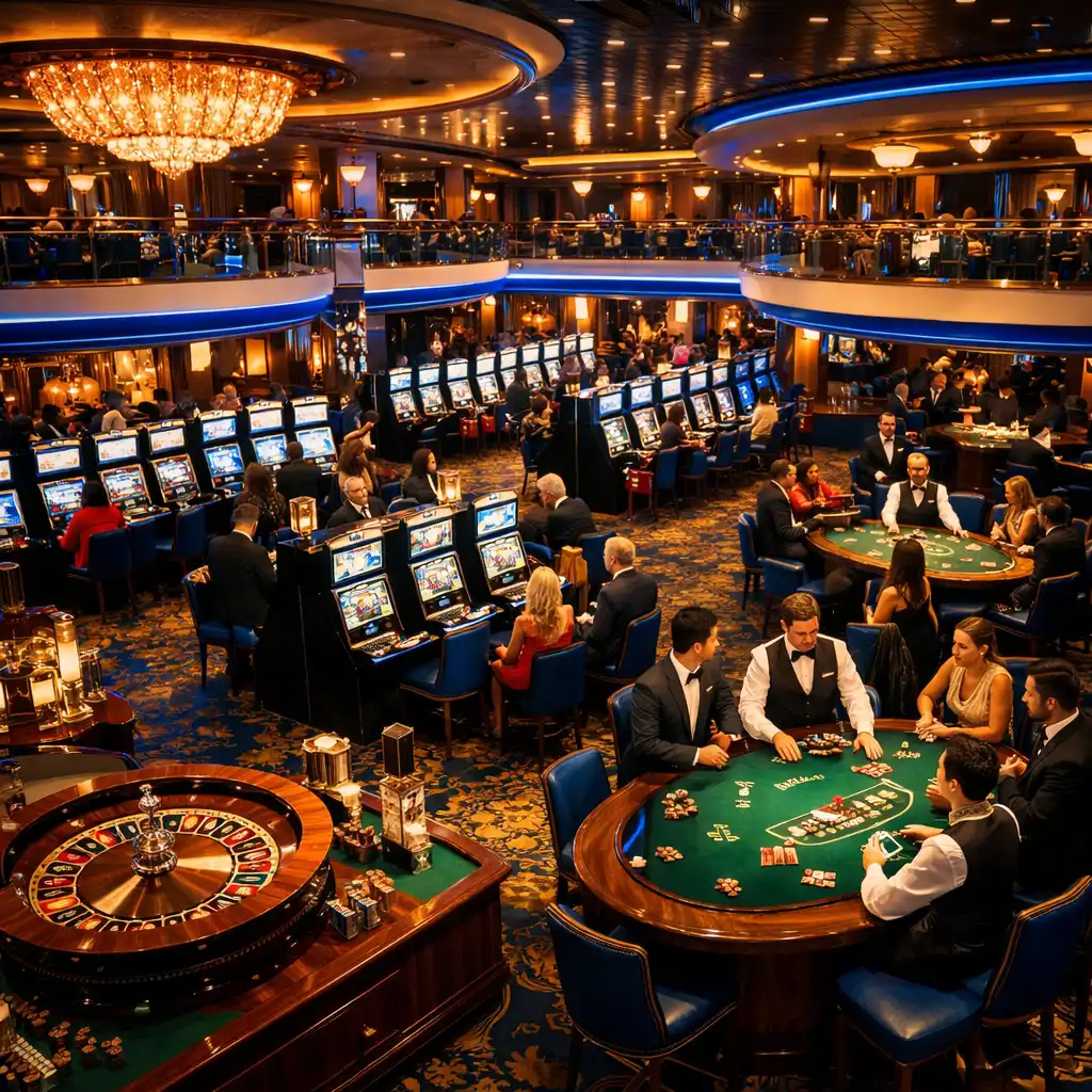 A glamorous cruise ship casino interior with rows of slot machines, blackjack tables, and a roulette wheel under warm lighting