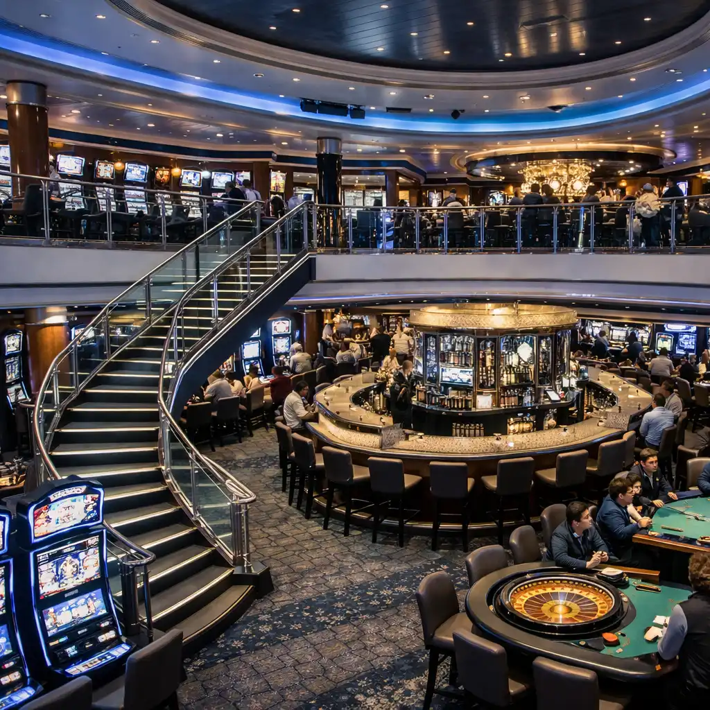 Large vibrant casino on Royal Caribbean Oasis of the Seas with two decks, slot machines, and a central bar