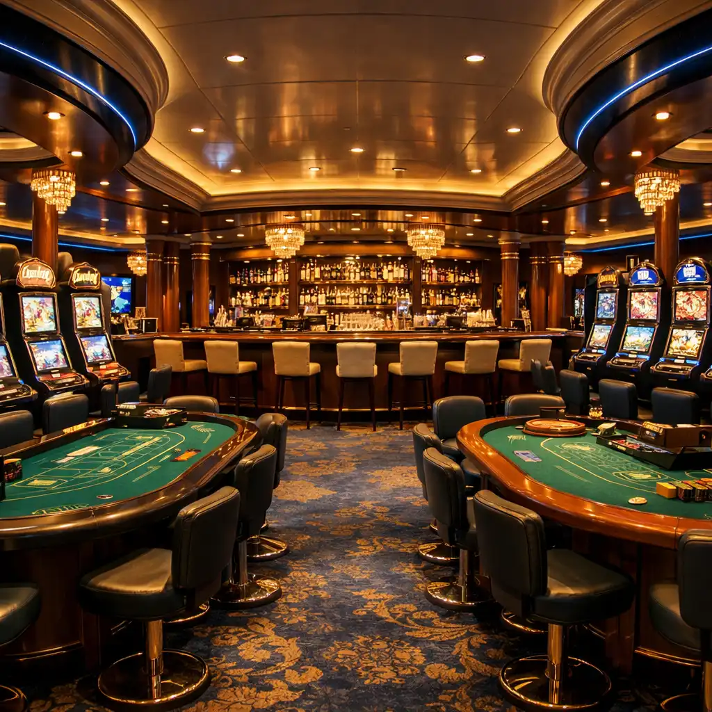 Elegant cruise ship casino interior with slot machines, gaming tables, and a stylish bar