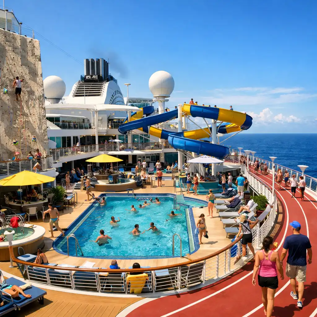 Wide view of a cruise ship upper deck with pool, water slide, rock climbing wall, and jogging track