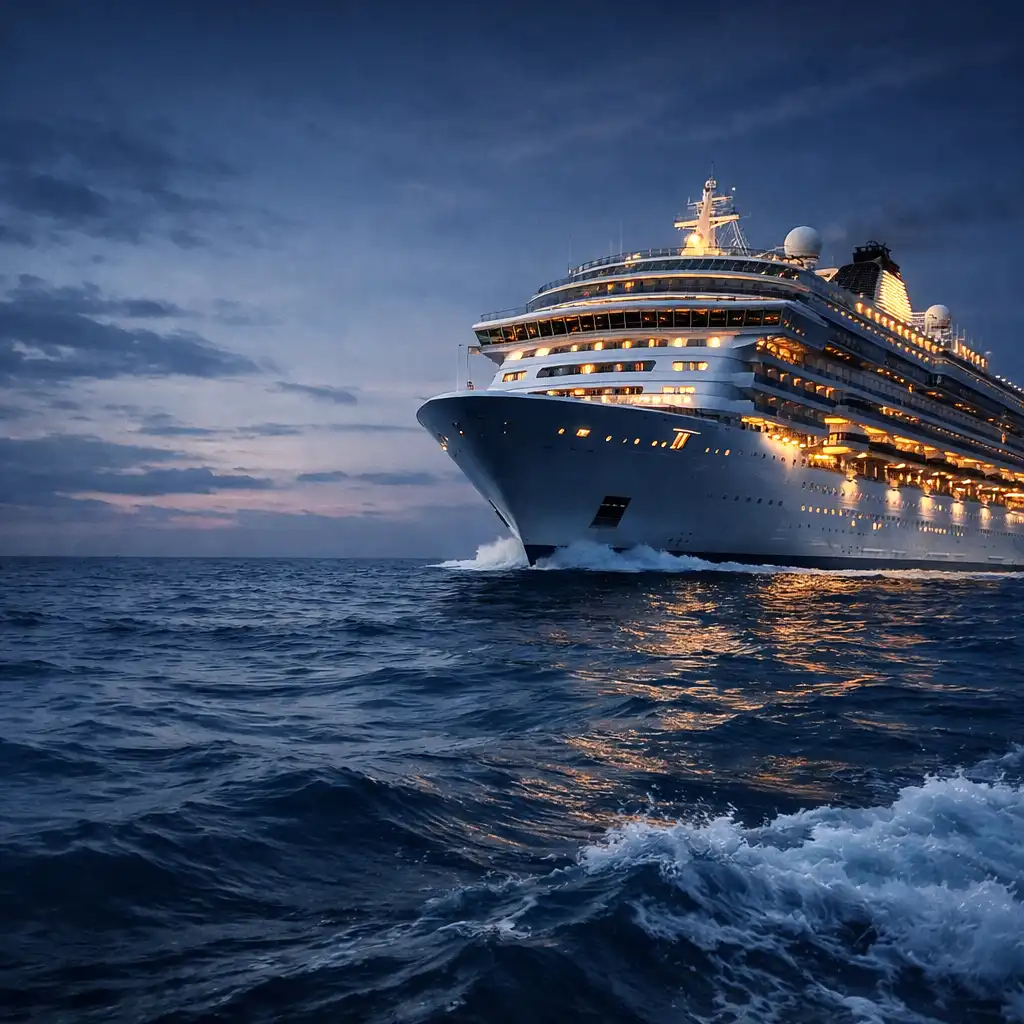 A majestic cruise ship sailing through deep blue ocean waters at dusk, with warm lights glowing against a cool twilight sky.