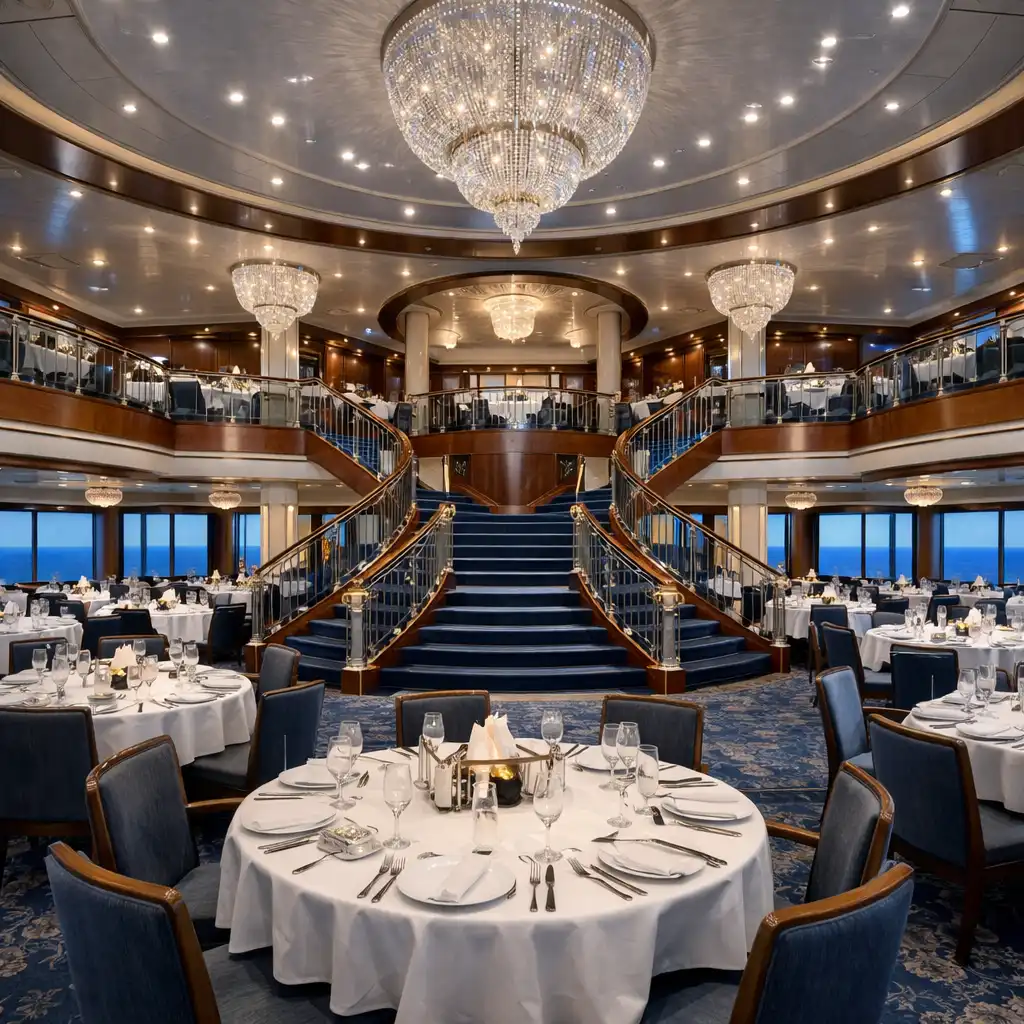 Elegant cruise ship main dining room with grand staircase, chandeliers, and ocean-view windows