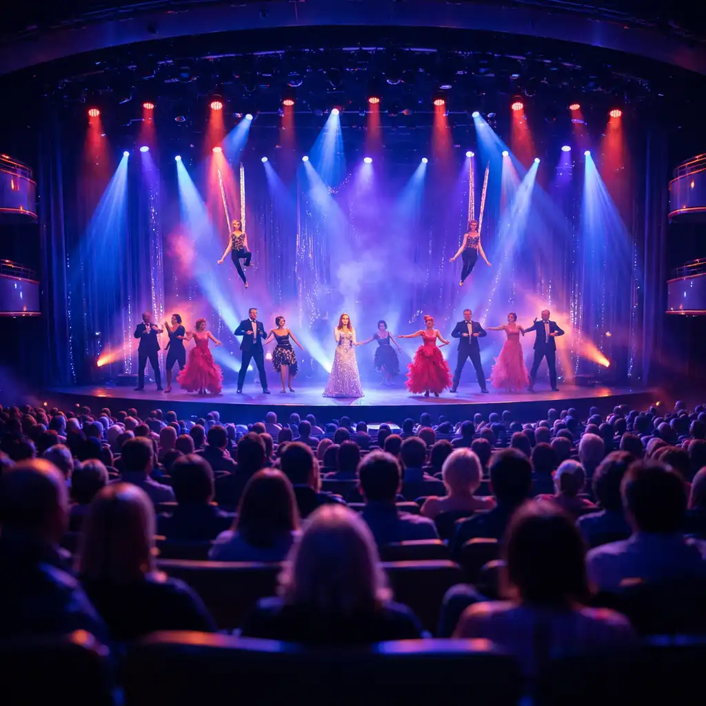 A vibrant cruise ship theater during a live show with dramatic blue and purple stage lighting and a full audience