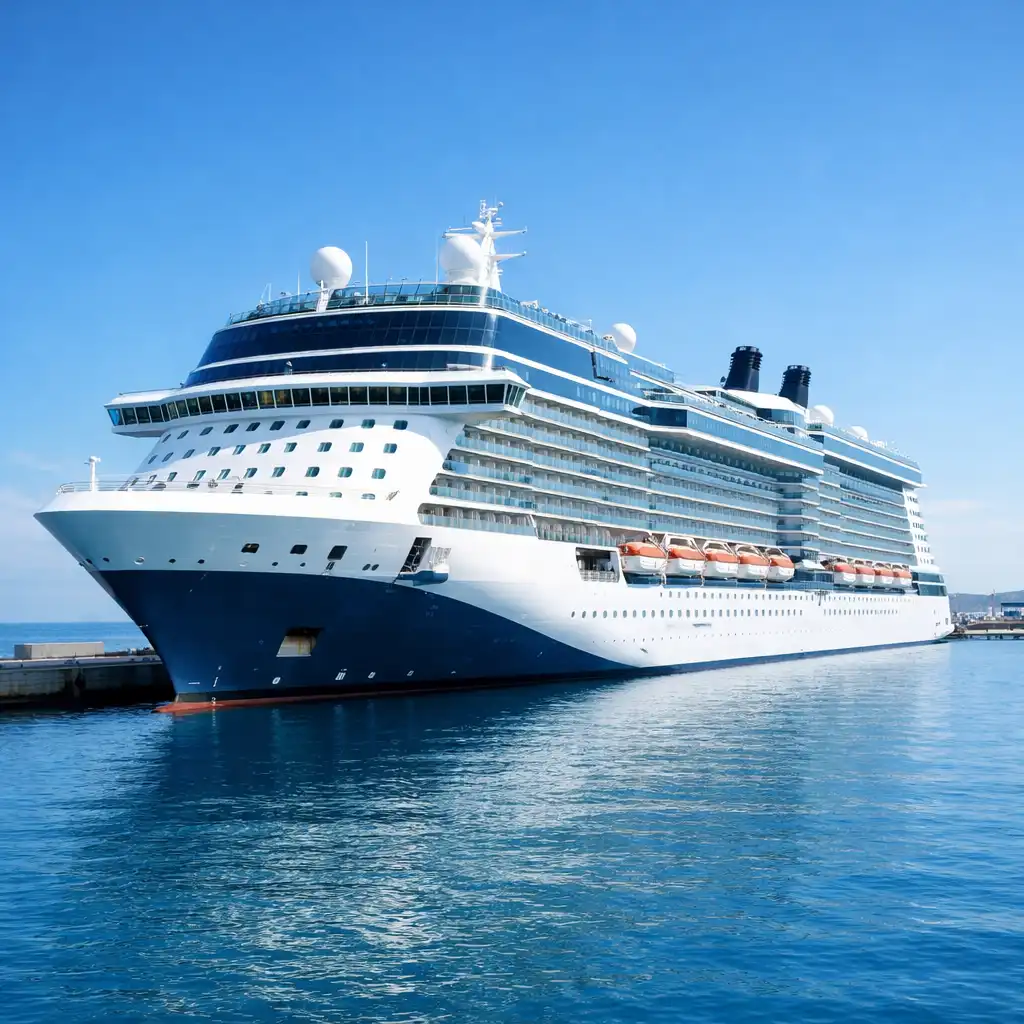 Exterior view of a modern cruise ship docked at a sunny port with clear blue sky and calm water.