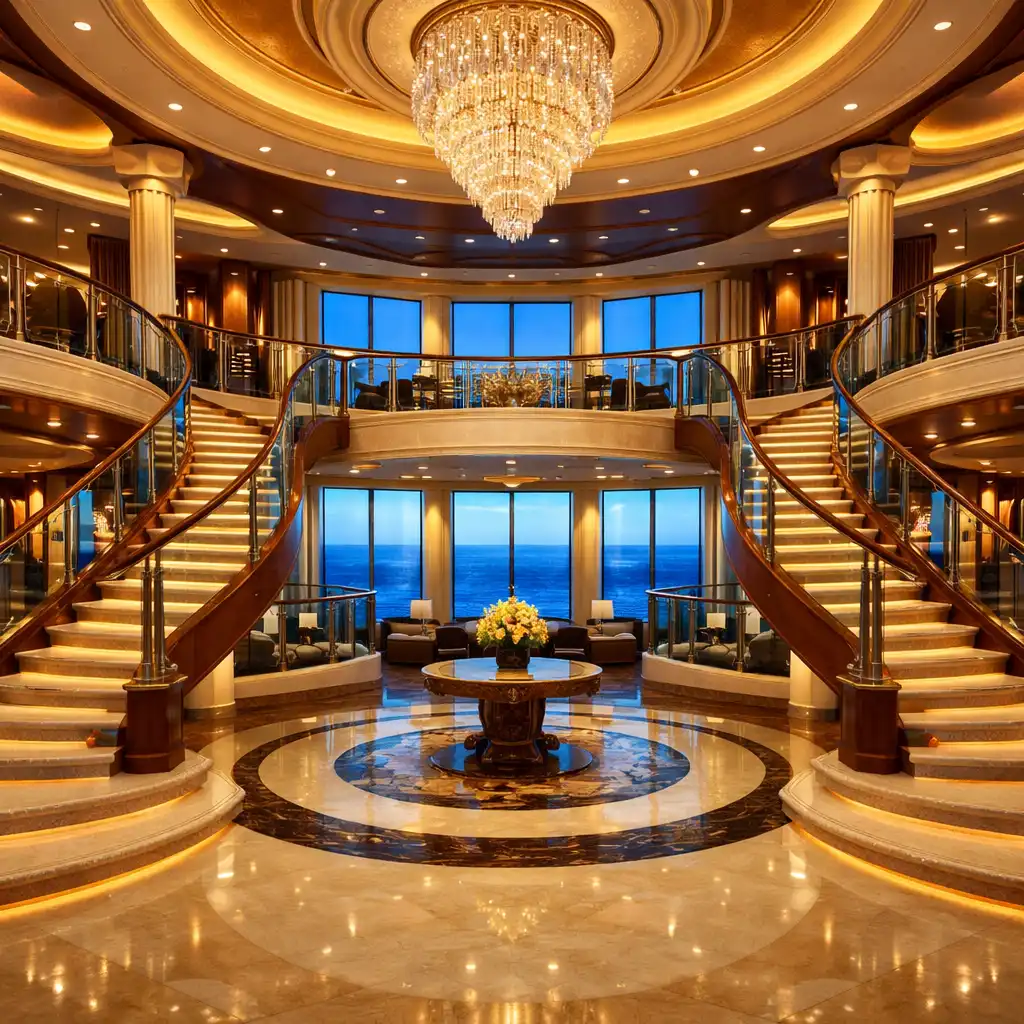 A luxurious cruise ship interior showing a grand atrium with sweeping staircases and ocean views through large windows.