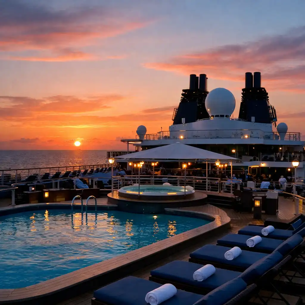 A cruise ship top deck at sunset with a pool area and loungers in the foreground and the ocean horizon behind.