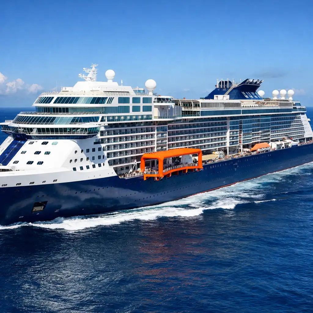 Celebrity Edge sailing on a clear day with its distinctive Magic Carpet visible on the side