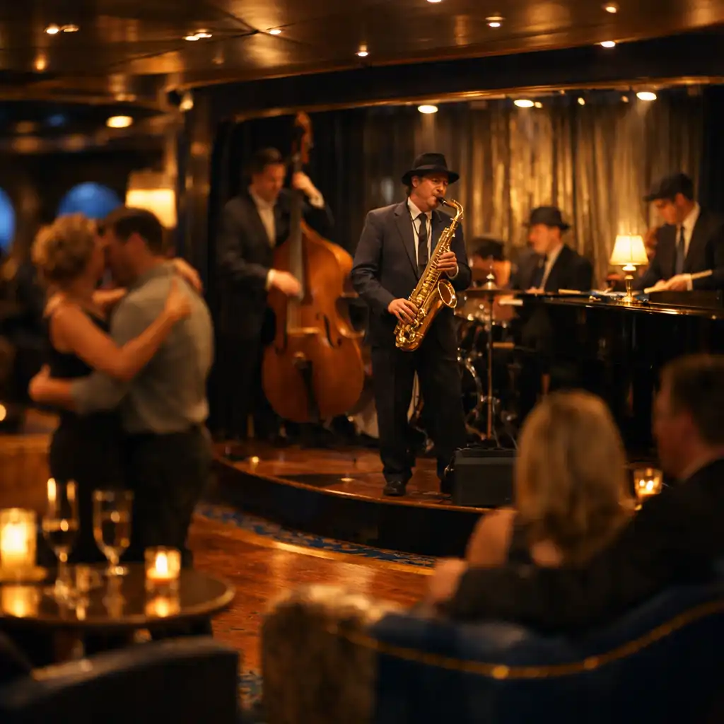 An intimate cruise ship lounge with a live jazz band performing under warm ambient lighting