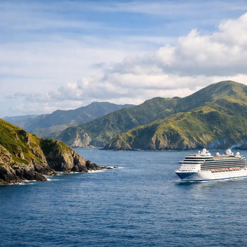 A cruise ship sailing along the rugged coastline of New Zealand with green hills and rocky shores in the background.